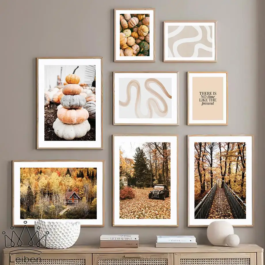 

Autumn Landscape Pumpkin Village Leafs Road Canvas Painting Abstract Line Wall Art Poster Nordic Picture for Living Room Decor