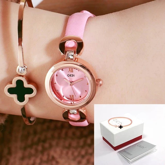 Relogio Feminino GEDI 8 мм ультратонкие женские кварцевые часы Лакшери модные часы Montre Femme женские элегантные часы браслет подарок - Цвет: Pink box