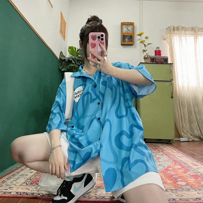 

Street hip hop retro trendy brand love full print loose size short sleeve shirt yuppie flower shirt girl shirts