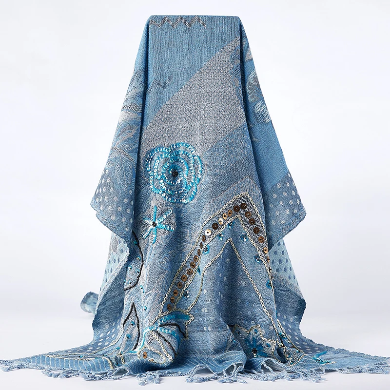 

Korean Style 100% Merino Wool Scarf Women Winter India Handmade Bead Embroidery Floral Warm Shawl Sky Blue