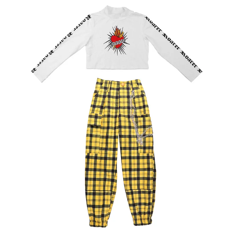 

Kid Jazz Dance Costumes Girls Hip Hop Dance Fashion Yellow Plaid Pants Children Hip Hop Street Dance Performance Clothes 120-160