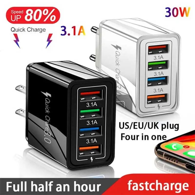 

4-портовый USB настенный QC3.0, быстрая зарядка, USB электрическая вилка и кабель, дорожная USB-розетка, вилка для IPhone, Samsung, xiaomi, huawei, honor