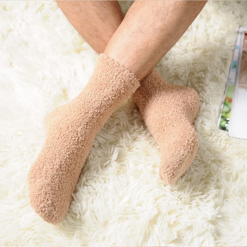 

Newest Solid Color Men Warm Thicken Coral Fleece Socks Fluffy Sleep Bed Sock 2019 Wimter Warm Floor Socks Non-slip Towel Socks