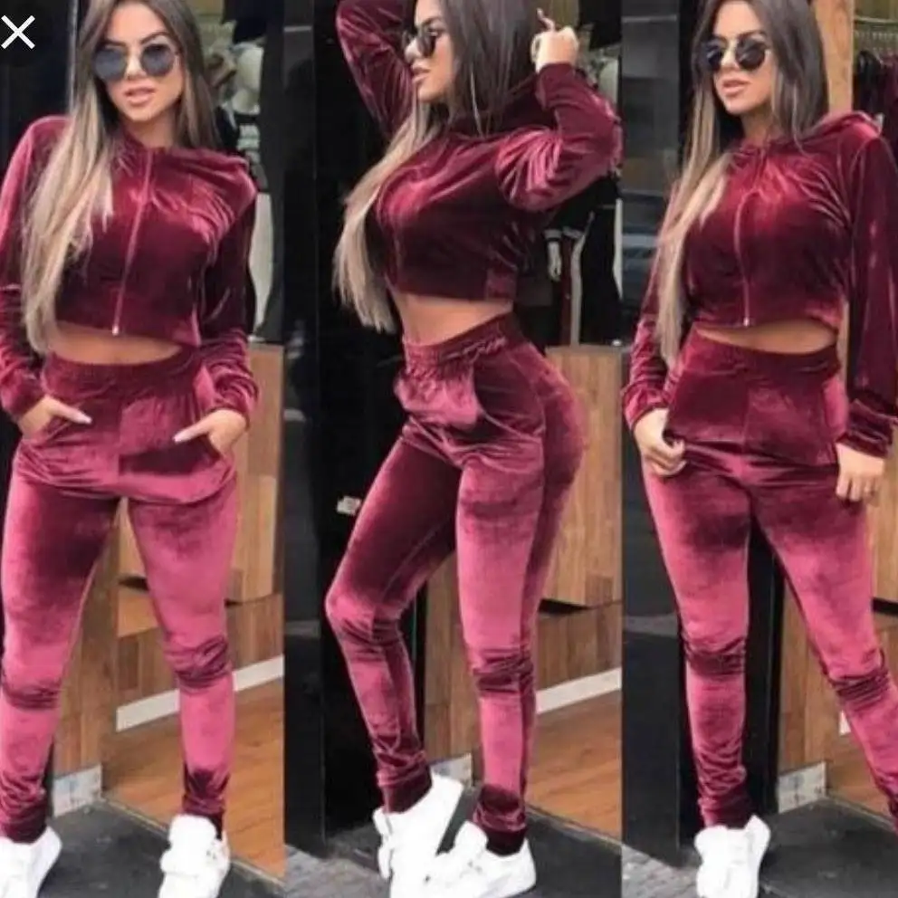 Женский бархатный комплект из 2 предметов спортивный костюм велюровый Гладкий