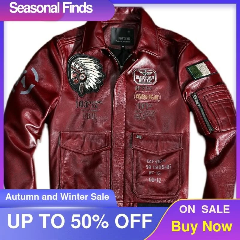 

Red 2021 Genuine Pilot Leather Jacket Men Military Style Plus Size 5XL Real Natural Cowhide Autumn Slim Fit Aviation Coat