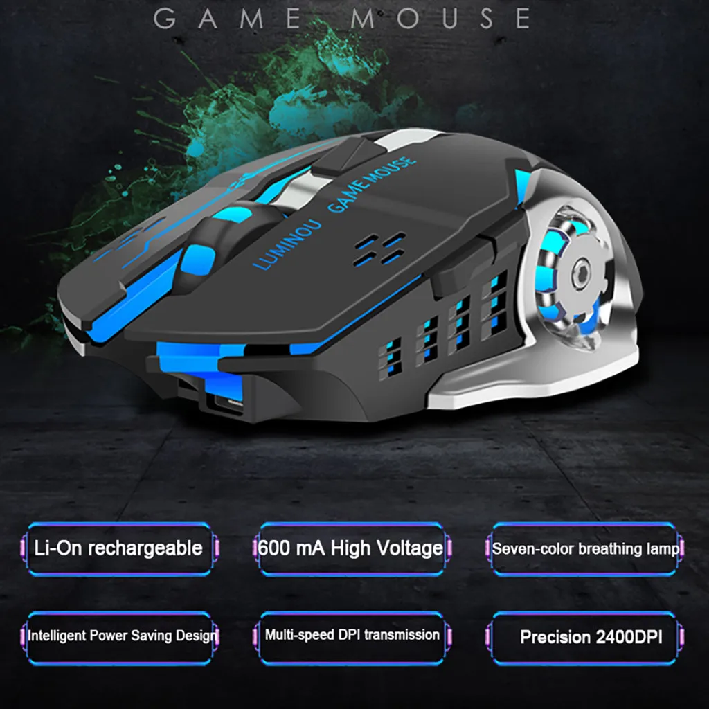 Rechargeable 2.4Ghz Wireless Mouse Silent Illuminated Mechanical Mouse USB Gaming Mouses 2400dpi 7 Colors Raton Inalambrico