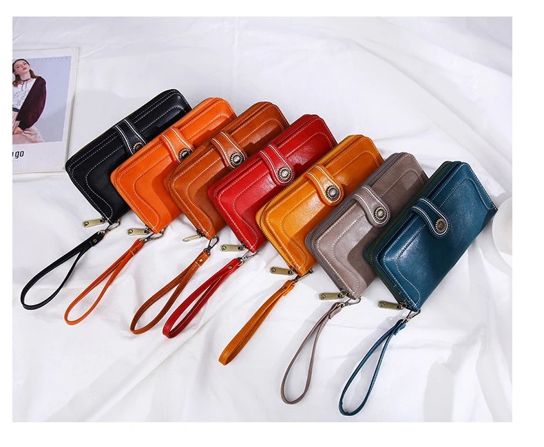 aliwood High Quality Women Clutch Retro Leather Wallet Female Long Wallet Women Zipper Purse Strap Money Bag Purse For iPhone 11