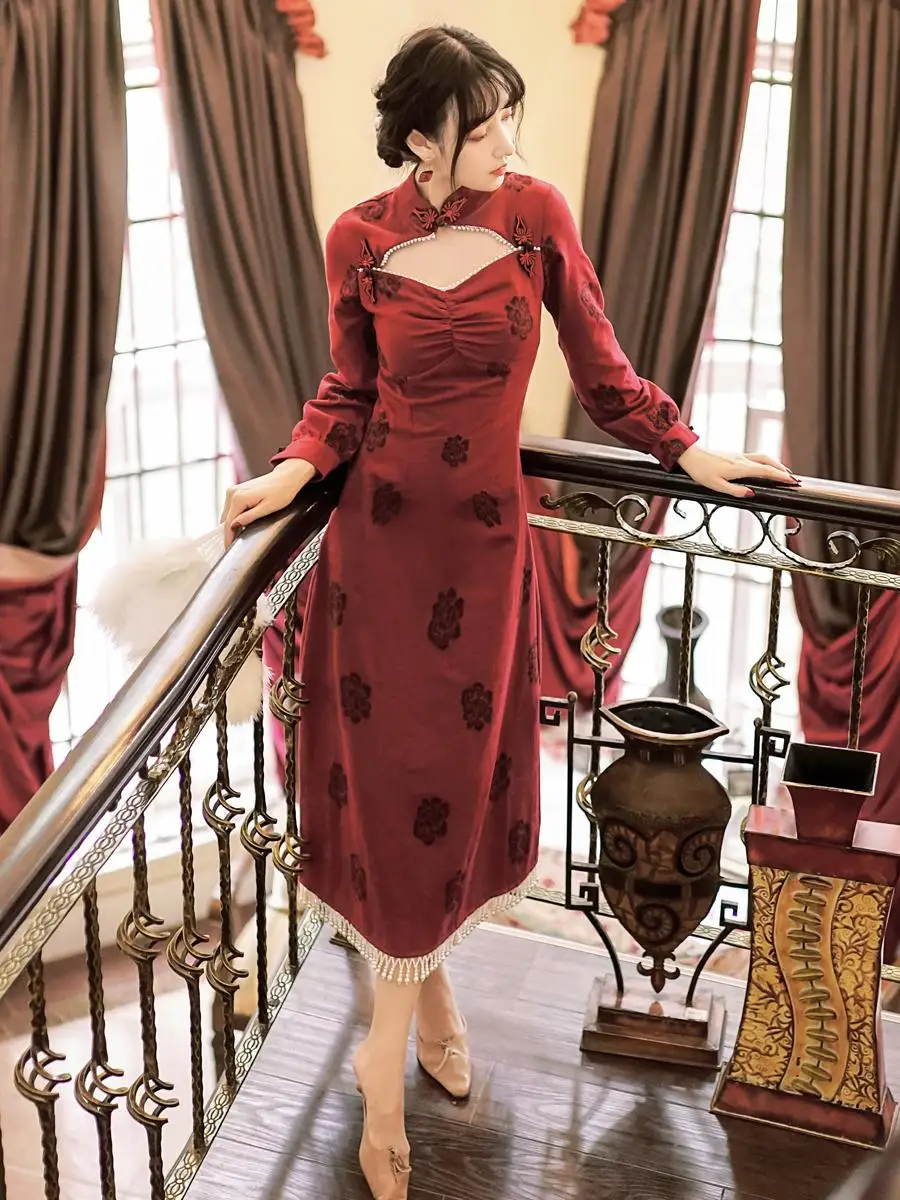 

Make spot jujube red improved qipao dress