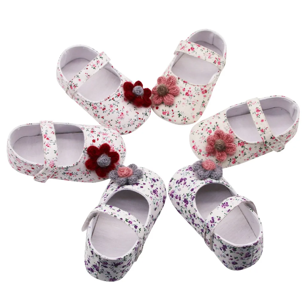 

Baby Girls Flowers Printing Applique Prewalker Soft Sole Single Shoes Newborn Toddler Princess Dress Shoes No-Slip First Walkers