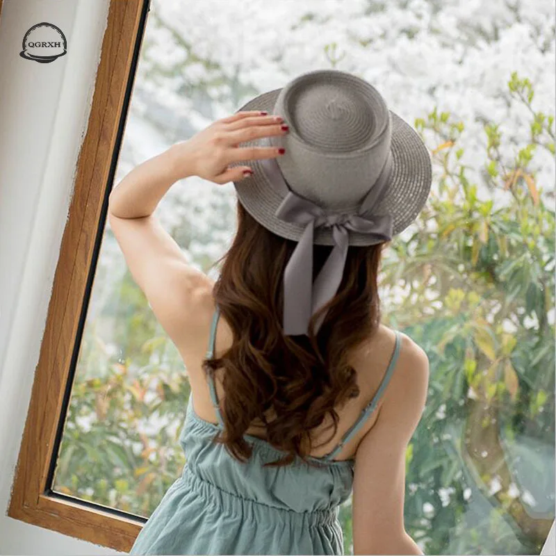 

Summer Hat Woman Wide Eaves Flat Straw Hat Fashion Ribbon Bow Sun Hat Outdoor Leisure Travel Beach Shade Sunscreen Bucket Hat