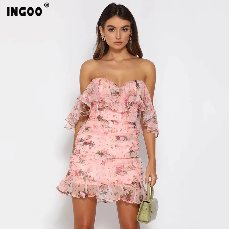 Женское короткое платье с оборками INGOO шифоновое облегающее вырезом лодочкой и