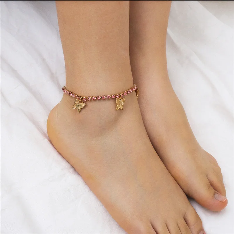 

HI MAN European Trend Butterfly Pavé Crystal Small Round Bead Anklet Women Noble Temperament Anniversary Party Gift Jewelry