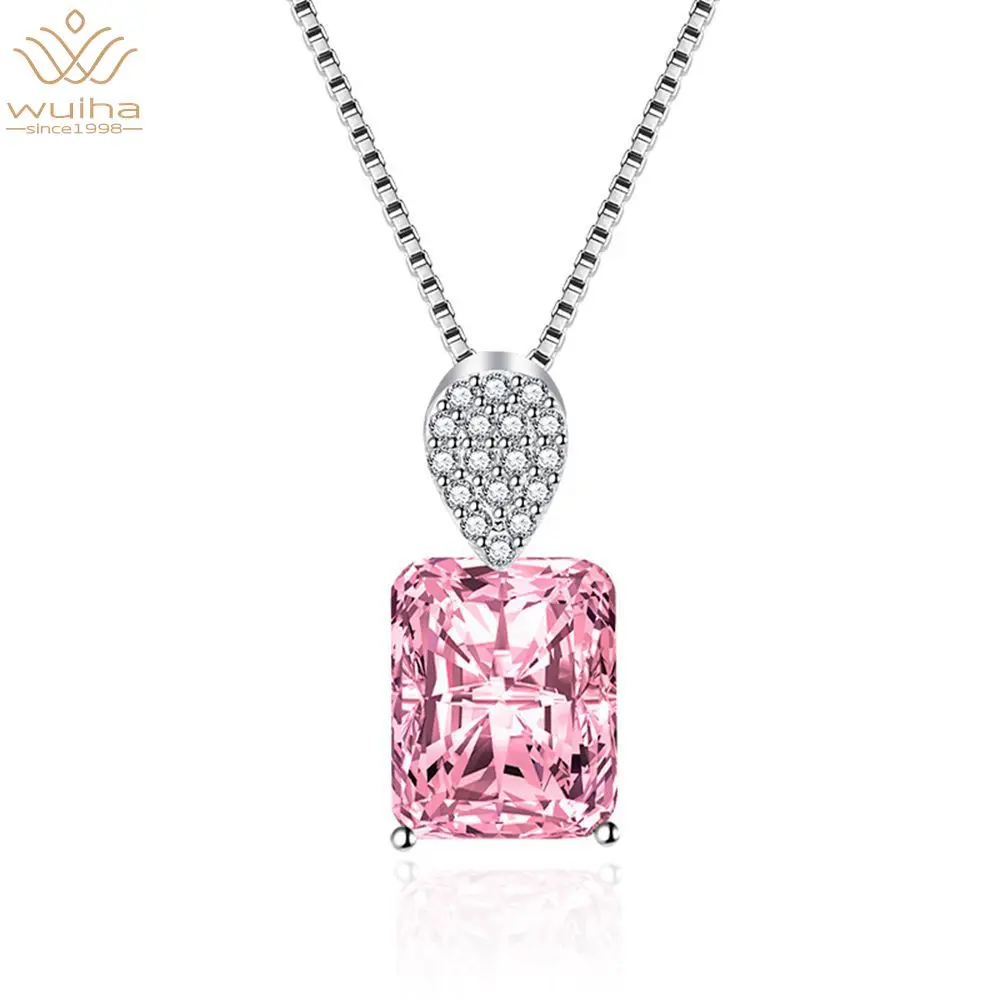 

WUIHA Romantic 100% 925 Sterling Silver Square Pink Saphire High Carbon Diamond Pendant Necklace For Lady Sparkling Fine Jewelry