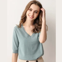spring short sleeved womens temperament sweater sweater v neck half sleeves tide wild loose bottoming shirt