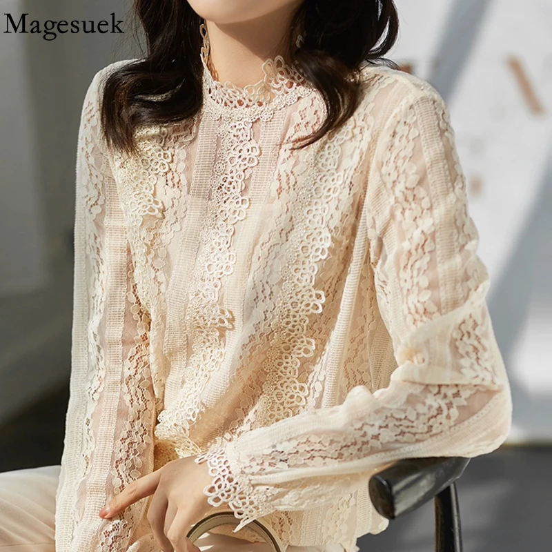 

Sweet Women Lace Blouse Stand Collar Hollow Out Long Sleeve Top Female Elegant Party Blouses Spring Crochet Lace Shirts 18329