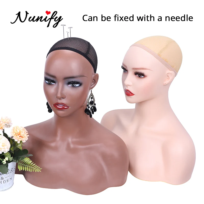 Nunify Mannequin Head With Shoulders Wig Hat Sunglasses Display Head Dark Brown Beige Soft Pvc Female Mannequin Head For Wigs