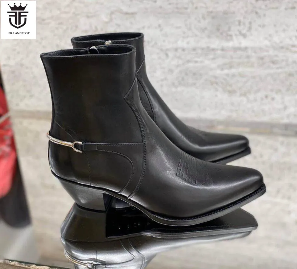 2020 New real leather men booties metal decoration Chelsea Boots embroidery Boots point toe Men's party shoes med heel 5cm botas images - 6
