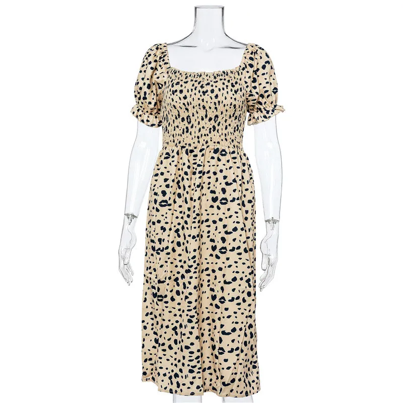 

Print Dress For Women 2021 Summer New Style Square Neck Split Skirt Sexy Leopard Mid-length Puff Sleeve Dresses Female LR1138