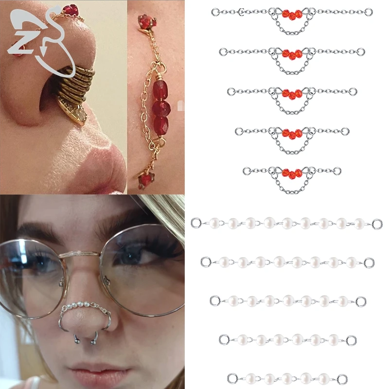 

ZS 5-13pcs/lot Red Crystal Heart Nostril Piercing Double Nose Chain for Women 316L Stainless Steel Septum Nose Stud Decoration
