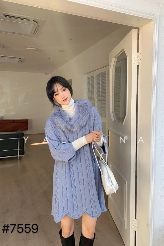

2020 Solid Sweater Women Thread Knitting Lazy Wind Wave For Edge Three-quarter Sleeves Real Fox Fur Collar Pullover Mid-length