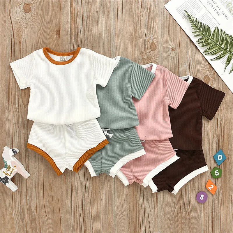 

2021 Baby Summer Clothing Infant Baby Girl Boy Clothes Short Sleeve Tops T-Shirt+Shorts Pants Ribbed Solid Outfits