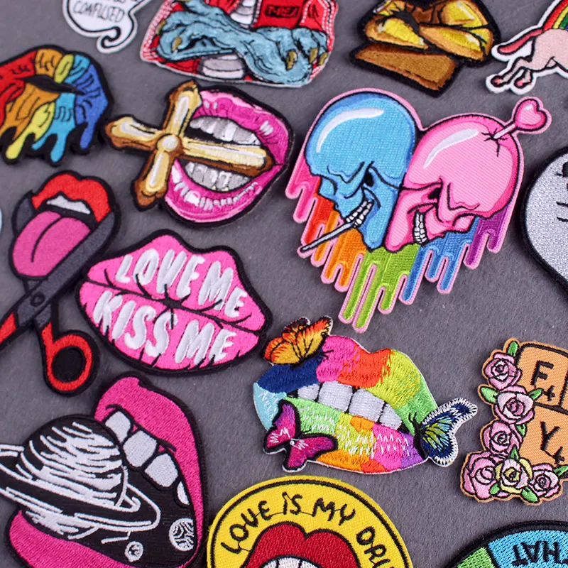 

Colorful Lips Skull Embroidered Patches For Clothing DIY Hippie Stripes Iron On Patches On Clothes Badges On Backpack Accessory