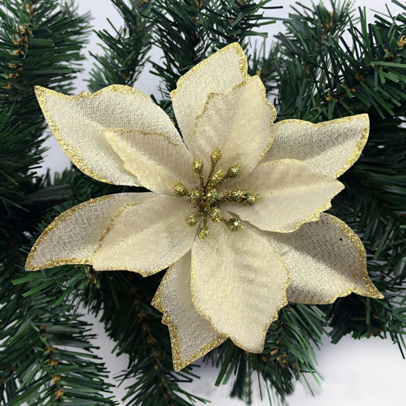 

8Pcs NEW 13cm Christmas Artificial Flowers Gold Side Xmas Tree Decorations Wedding Party Decor Ornaments