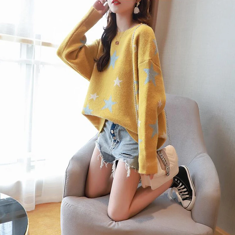 TIGENA Beautiful Stars Big Size Sweater Women Jumper 2019 Autumn Winter Loose Oversize Knit Pullover Female Green Yellow | Женская