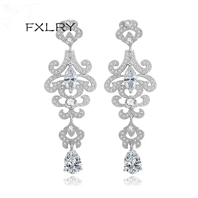 

FXLRY New Romantic White Color Out micro paved Zircon Long Earrings For Women Bride Wedding Dinner Fashion Jewelry