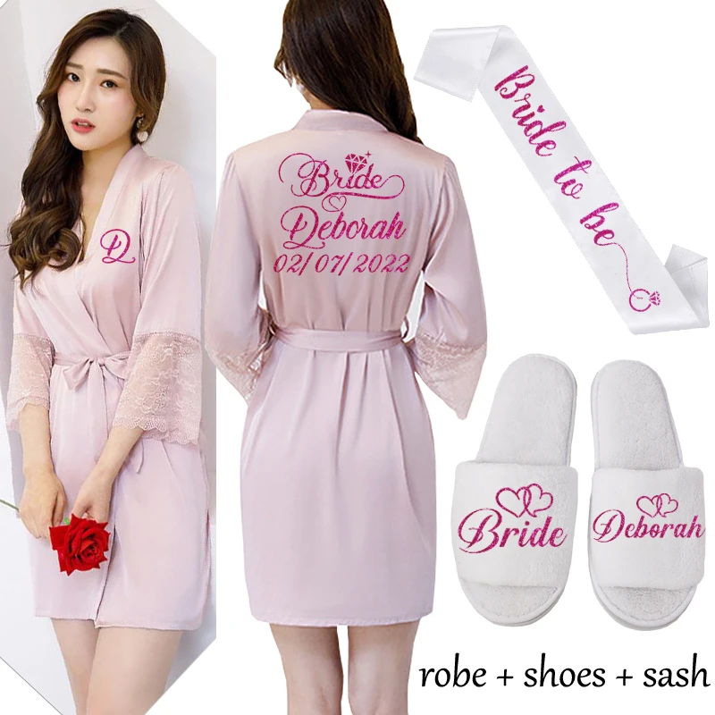 blush robe sash shoe Сексуальное Женское ночное белье с кружевными рукавами, пеньюар, свадебное кимоно, шифон, шелк, женские халаты, халаты для невесты, персонализированное имя - Цвет: blush robe sash shoe