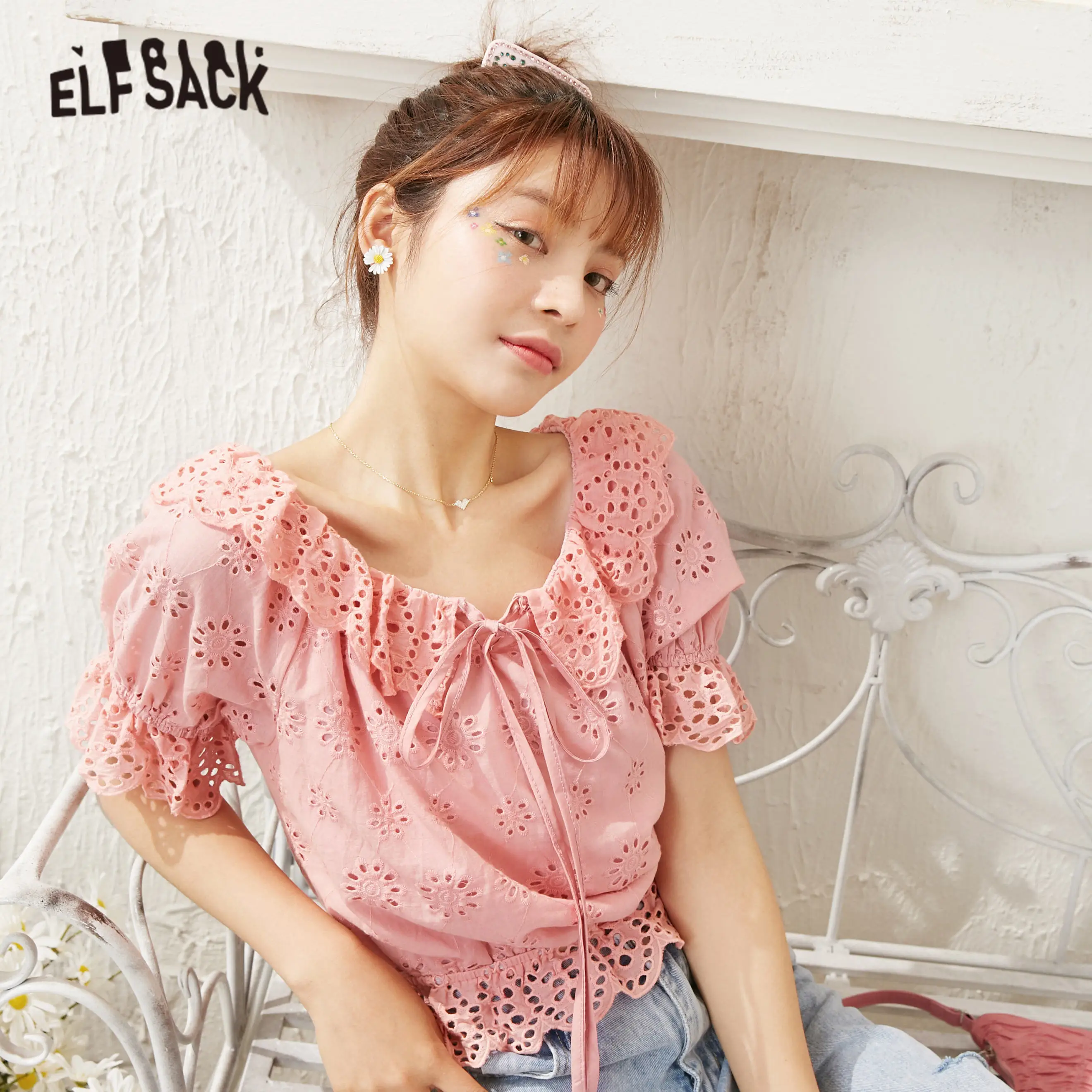 Женская рубашка с открытыми плечами ELFSACK розовая однотонная Повседневная