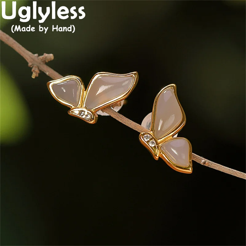 

Uglyless Real Hotan Jade Butterflies Studs Earrings for Women Natural Gemstones Insects Earrings 925 Sterling Silver Brincos