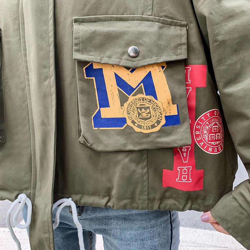 Женский Harajuku с принтом хаки Армейский зеленый черный огромный парень свободные