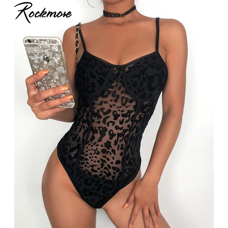 Rockmore Леопардовый принт сексуальные сетчатые боди женские Комбинезоны на тонких