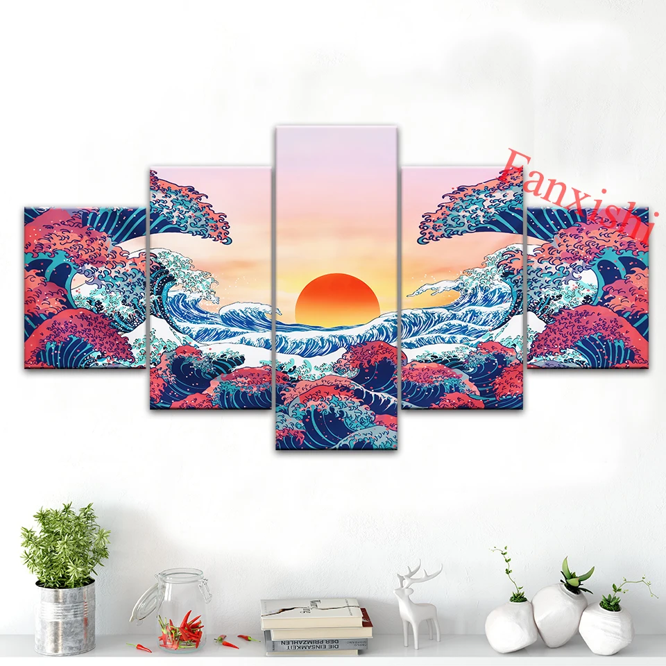 

5 шт. абстрактные постеры Kanagawa «Великая волна», настенные художественные принты, модульные картины на холсте, Декор для дома, гостиной, карти...