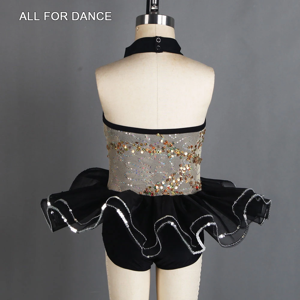 Топ с золотыми блестками и черным спандексом Джаз/танцевальный костюм для