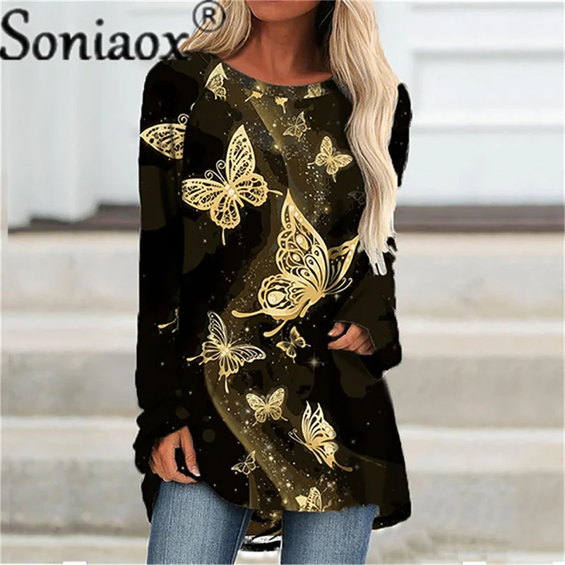 

2021 Autumn New Round Neck Long Sleeved T-Shirt Fashion Loose Casual Plus Size Ladies Top Women Harajuku Butterfly Printed Tees
