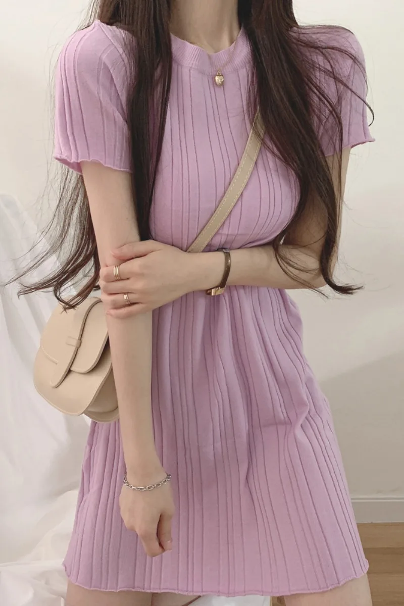 

2021 Spring Summer Korean Fashion Style Elegant Sunken Stripe Short-Sleeved Knitted Dress Women's Round Neck Silk A- Line Short