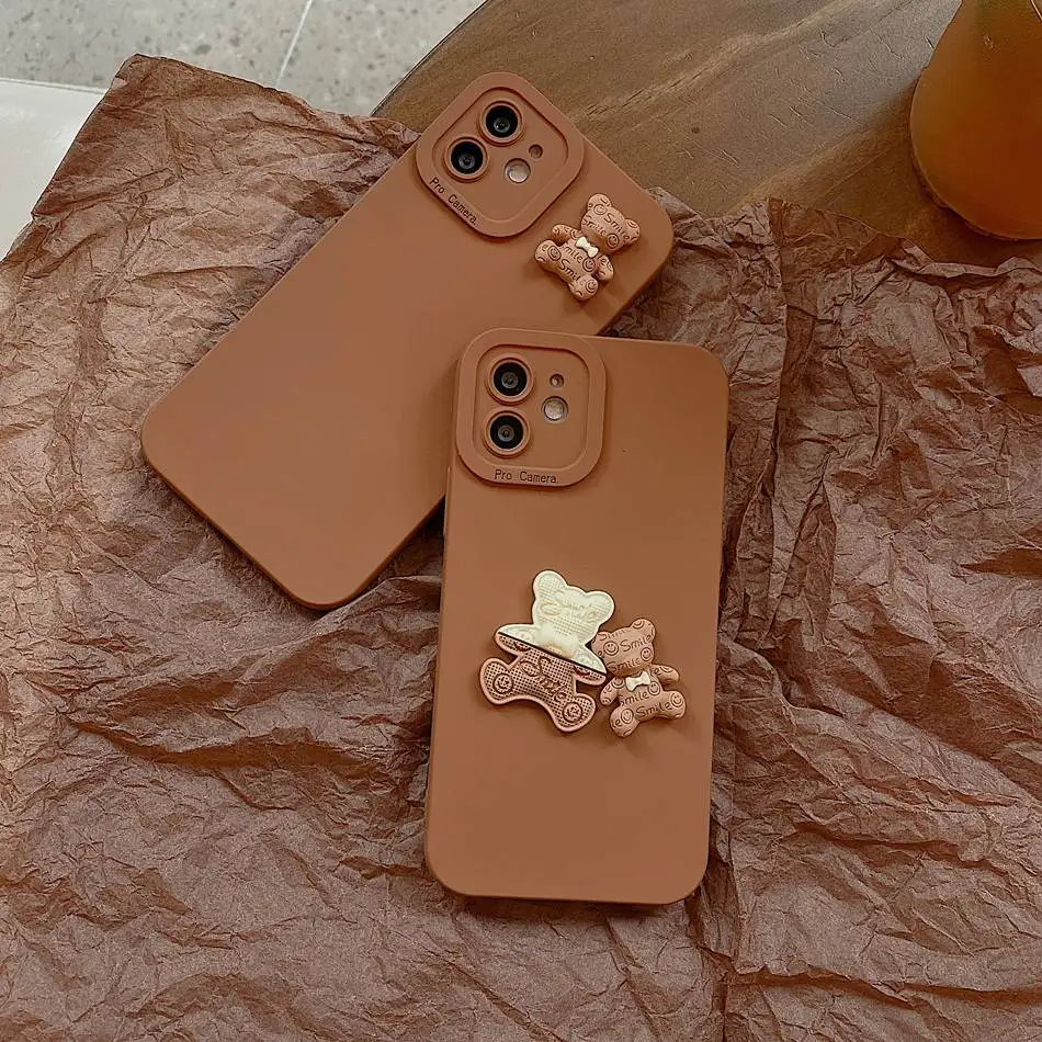 

For iPhone 13 12 11 Pro XR XS Max 7 8 Plus Case Caramel Cute Cartoon 3D Smile Bear Cases Camera Protect Soft Silicone Back Cover