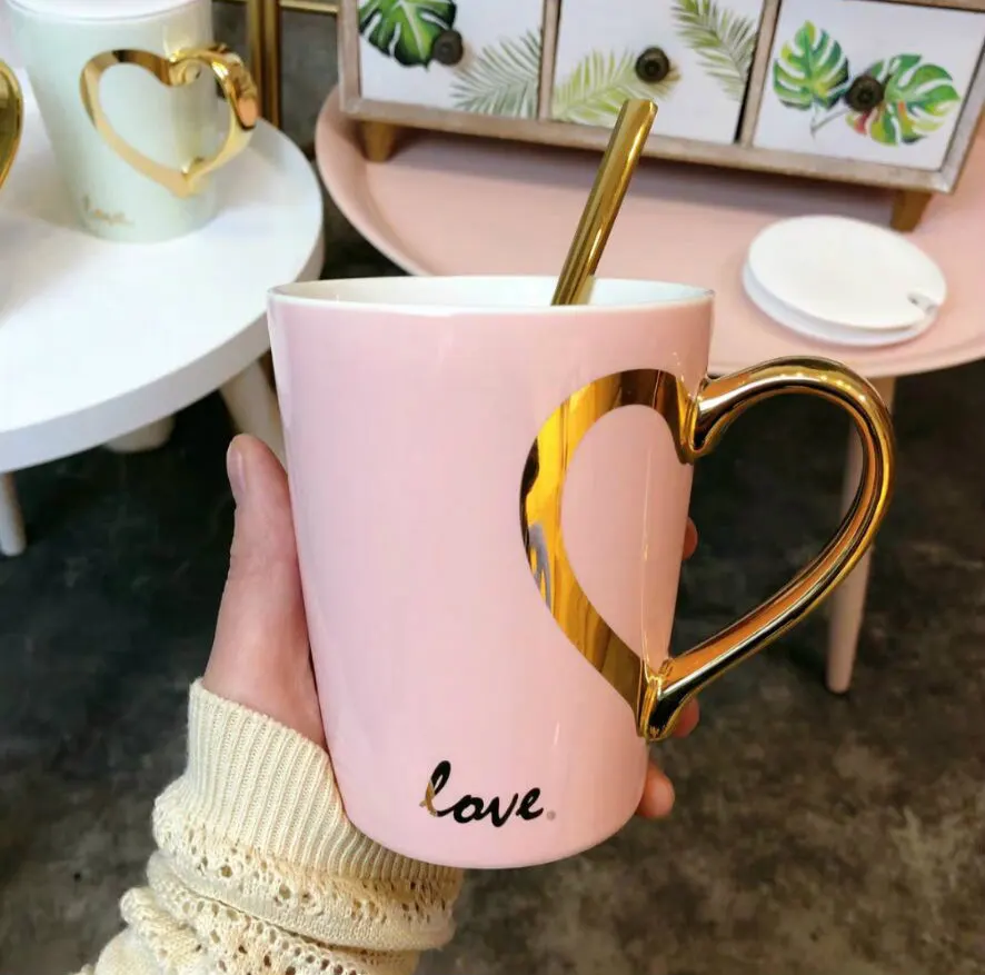 Pink 370 мл сердце Кофе кружка Чай пара чашки и кружки высокого качества керамическая кружка для молока воды чайная чашка посуда для питья домашняя офисная чашка подарок - Цвет: Pink