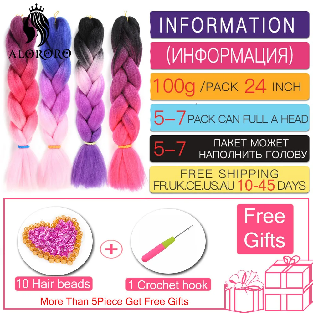 Braiding Hair Extensions 24 Inch Synthetic Kanekalon Afro Pink Green Blue Ombre Crochet Jumbo for Kids Braids Alororo |