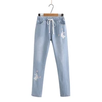 fleece women jeans pants korean cute cartoon sakura rabbit embroidery casual elastic waist pockets warm denim pants 2011051