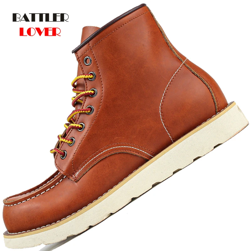 

Men Genuine Cow Leather Boots Round Toe Vintage High Quality Ankle Botas for Male Tooling Desert Motorcycle Biker Punk Boots