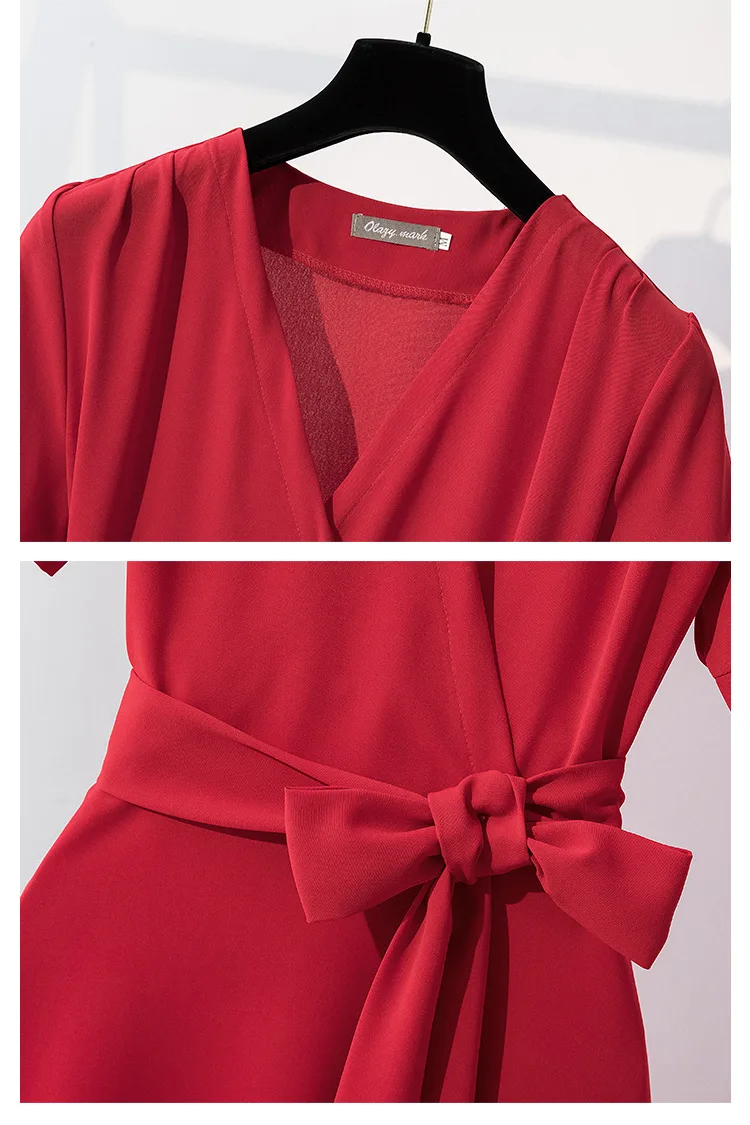 

Women Red Short Dress Plus Size 3XL 4XL Ladies Casual Large Sashes Dress V Neck Short Sleeve Black Loose Plus Size Women Dress