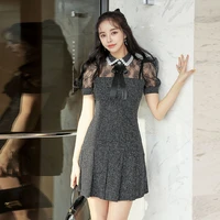 summer sweet black lace hollow out cute bow short sleeve slim elegant short mini party night club dress 2021 japanese style