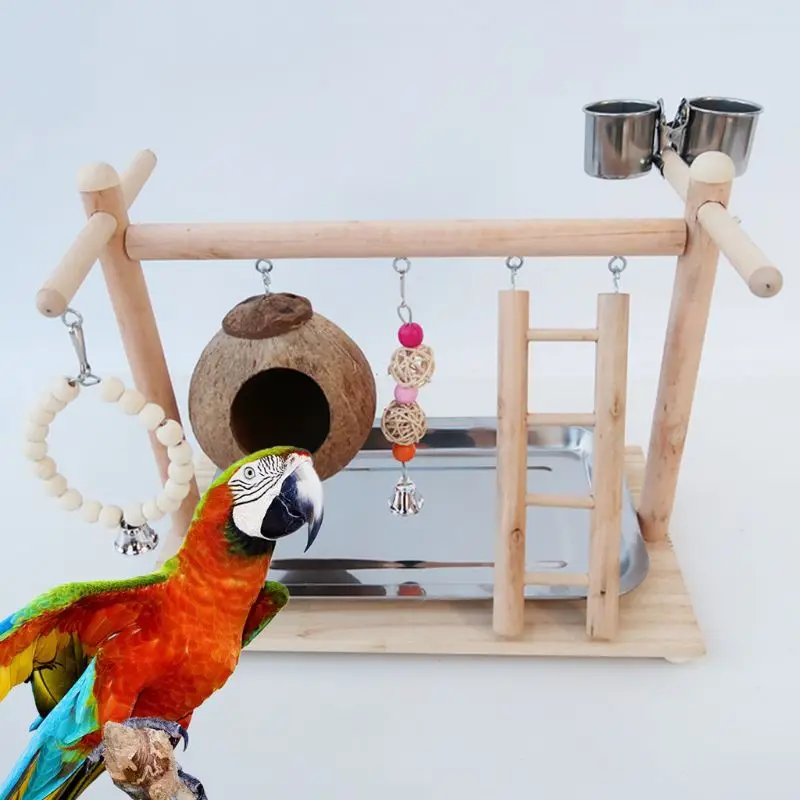 

Parrot Bird PlayStand Wood Playground Gym Coconut Shell Bird Cage Feeding Cups X4YD