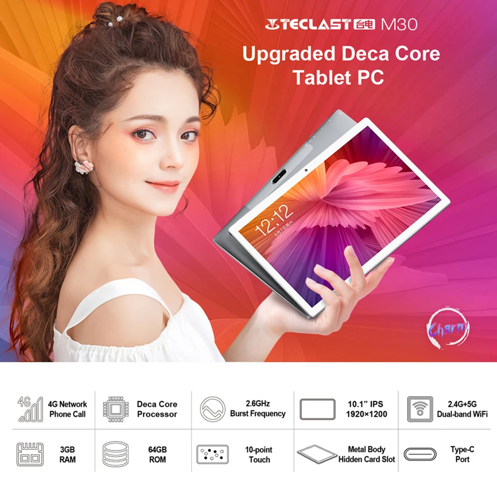 Teclast M30 10.1 Inch 4G Android 8.0 MT6797X( X27) 1.4GHz Decore CPU 3GB RAM 64GB ROM 5.0MP+2.0MP Type-C Phone Call Tablet PC
