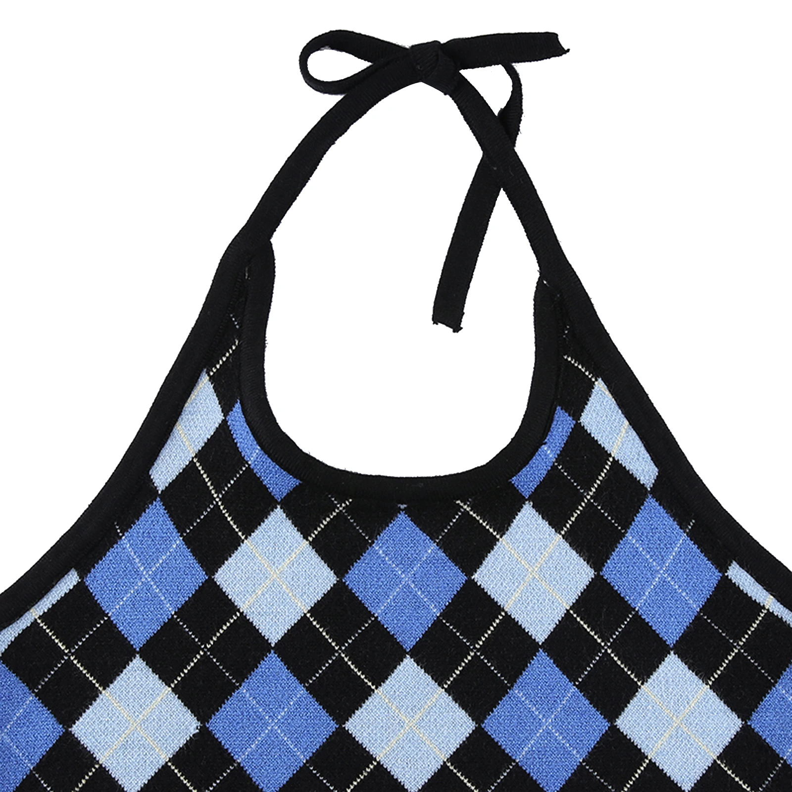 

2000s Argyle Knitted Halter Bandage Top Summer Vintage Plaid Skinny Off Shoulder Backless Crop Top Women Sleeveless Mini Vest