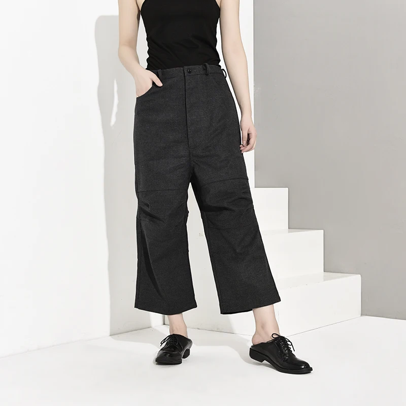 Женские брюки LANMREM серые с высокой талией до колена свободные YA77402 | Женская