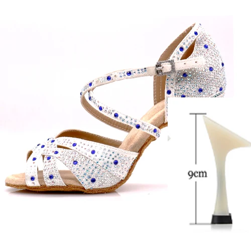 White heel 9cm WUXIJIAO доступно в черном и белом цвете, кроссовки женские танцевальные туфли для джаз, сальса Латина Танцы обувь квадратный Обувь для танцев со стразами свежий Цвет - Цвет: White heel 9cm